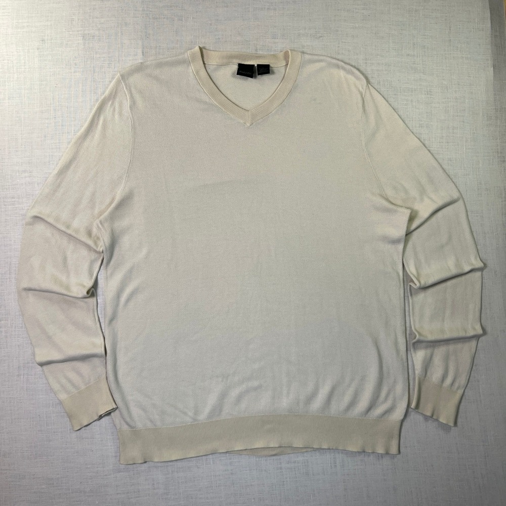 VTG Marshall Fields Mens‎ Large Sweater Off White V Neck Cotton Ribbed Trim Knit